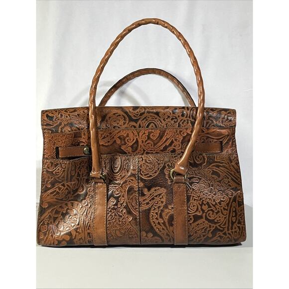 Patricia Nash Tooled Embossed Leather Vienna Satchel Handbag Brown Tote Bag - Picture 2 of 16
